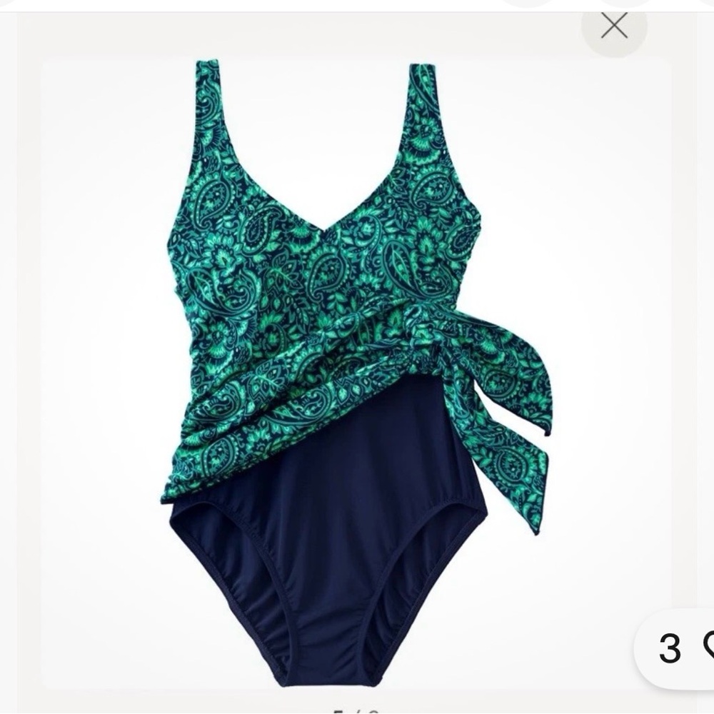 Lands End SlenderSuit Wrap Swim Dress Swimsuit blue green paisley 24W nwt - Picture 2 of 9